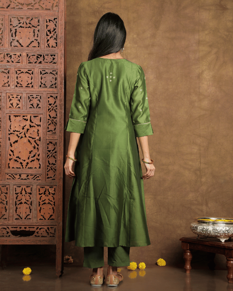 Raees Chanderi silk kurta and pant set with side flare in moss green