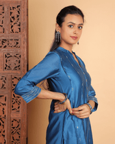 Zaalima Chanderi Silk Kurta and Pant Set with collar neck in classic blue
