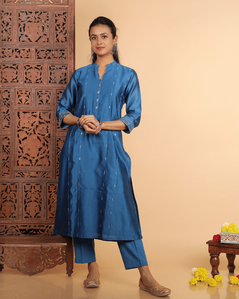 Zaalima Chanderi Silk Kurta and Pant Set with collar neck in classic blue