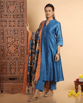 Zaalima Chanderi Silk Kurta and Pant Set with collar neck in classic blue