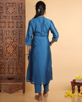 Zaalima Chanderi Silk Kurta and Pant Set with collar neck in classic blue