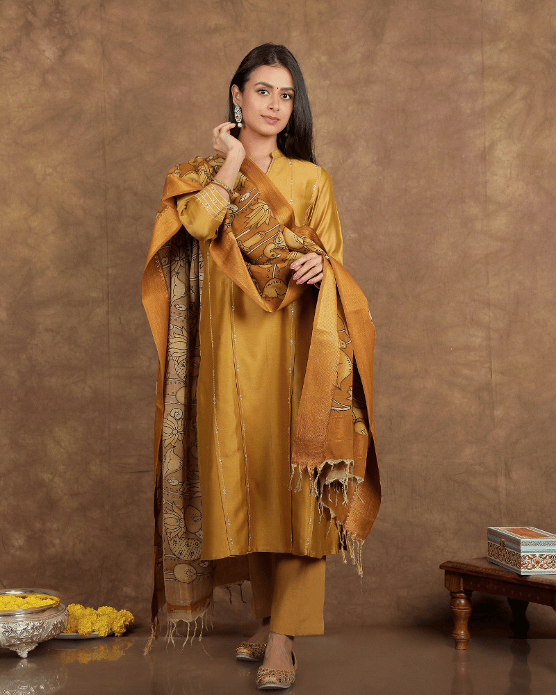 Zaalima Chanderi Silk Kurta and Pant Set with collar neck in old gold colour