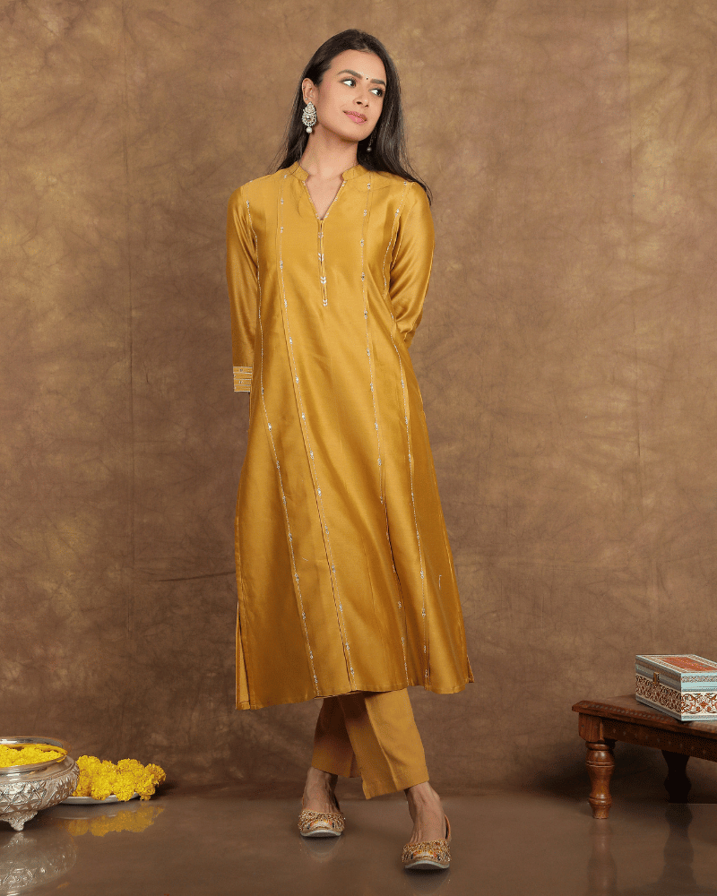 Zaalima Chanderi Silk Kurta and Pant Set with collar neck in old gold colour