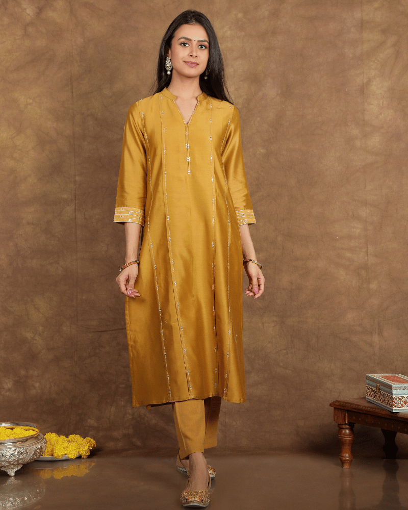 Zaalima Chanderi Silk Kurta and Pant Set with collar neck in old gold colour