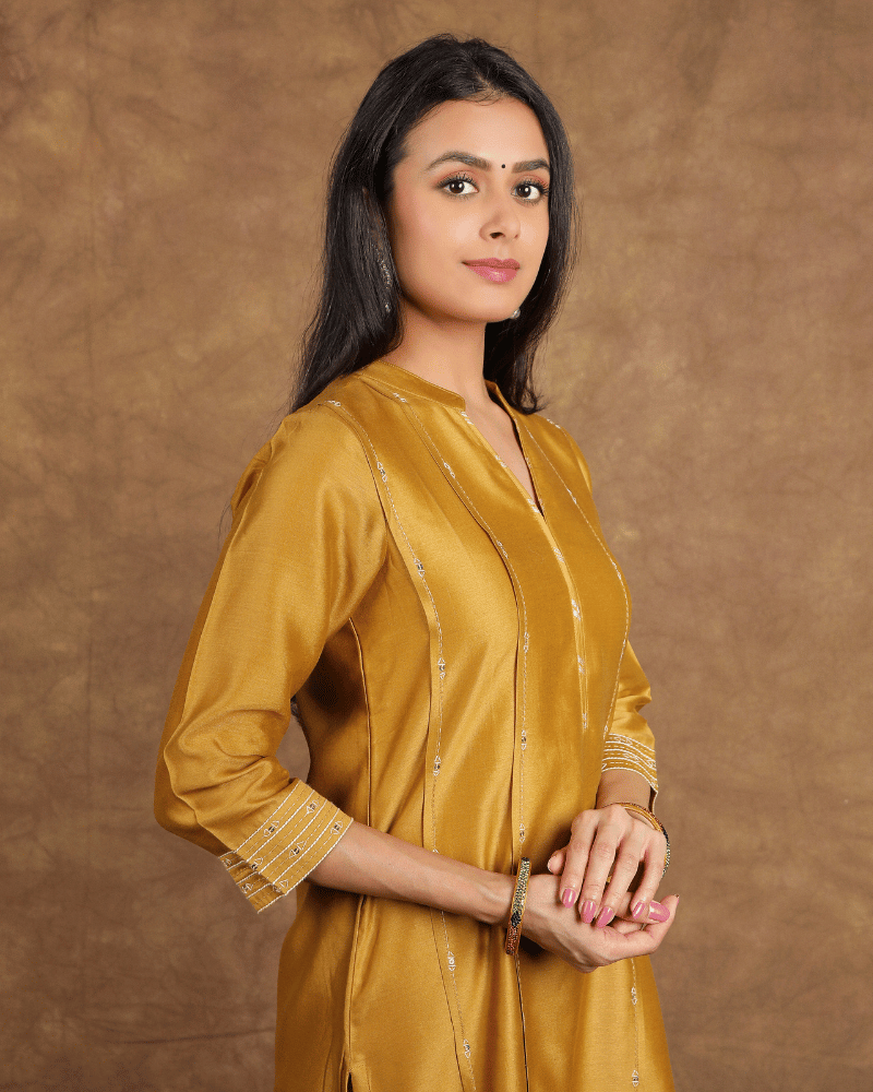 Zaalima Chanderi Silk Kurta and Pant Set with collar neck in old gold colour