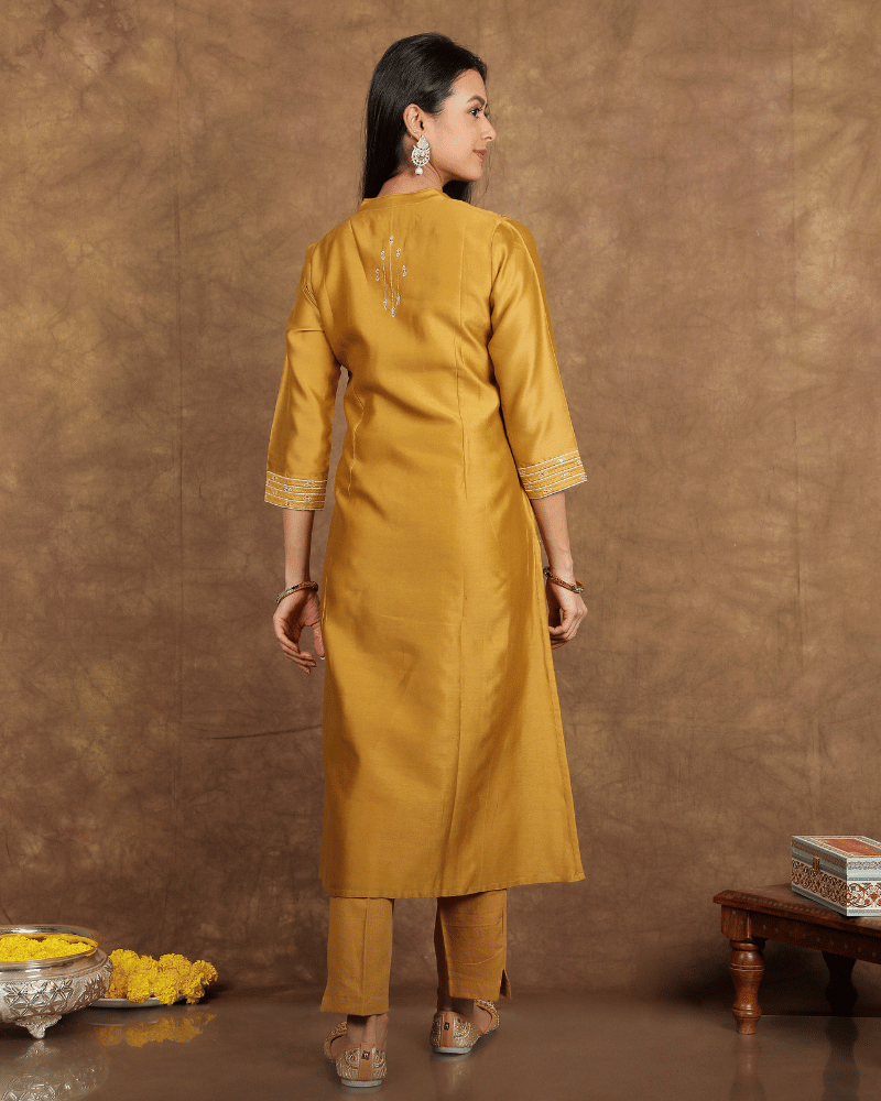 Zaalima Chanderi Silk Kurta and Pant Set with collar neck in old gold colour