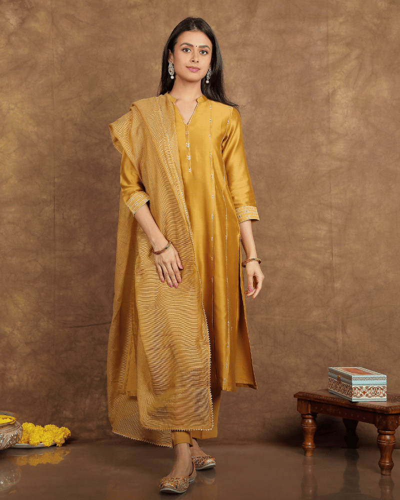 Zaalima Chanderi Silk Kurta and Pant Set with collar neck in old gold colour