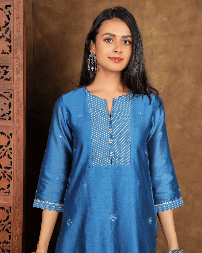 Guzaarish Chanderi Silk Kurta and Pant Set with embroidered yoke and sleeves in classic blue