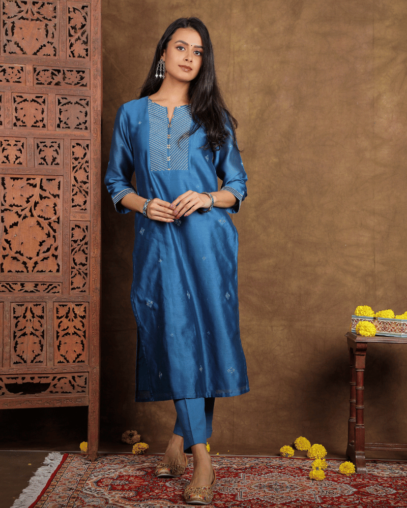 Guzaarish Chanderi Silk Kurta and Pant Set with embroidered yoke and sleeves in classic blue