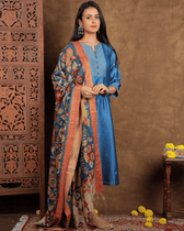 Guzaarish Chanderi Silk Kurta and Pant Set with embroidered yoke and sleeves in classic blue