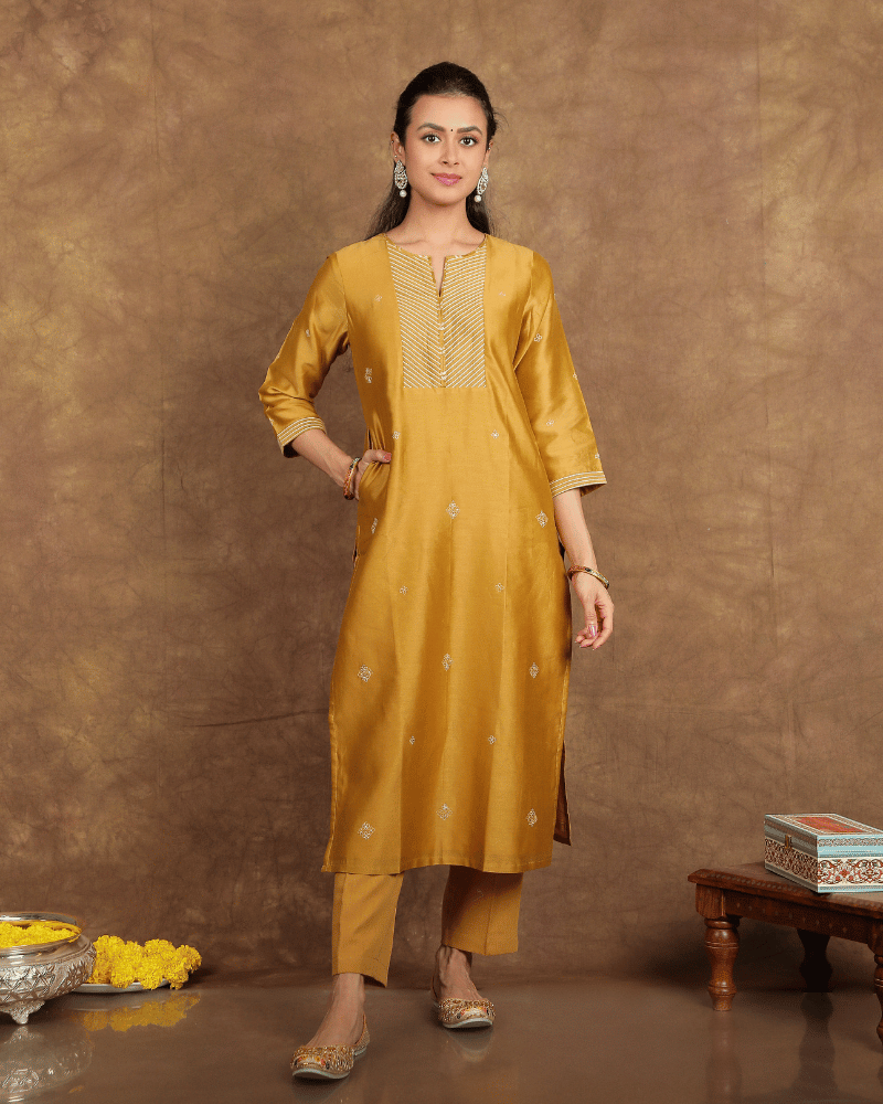 Guzaarish Chanderi Silk Kurta and Pant Set with embroidered yoke and sleeves in old gold