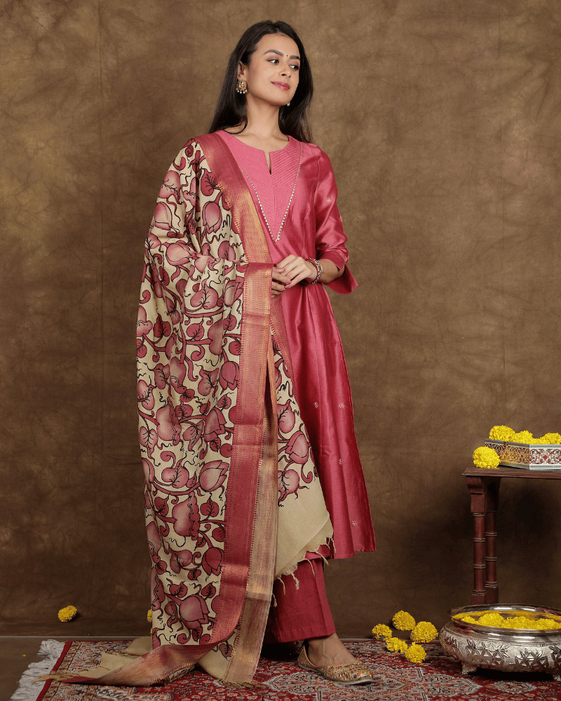 Fida A line Chanderi Silk Kurta and Pant Set with a v shaped yoke  and kalis in Onion Pink colour