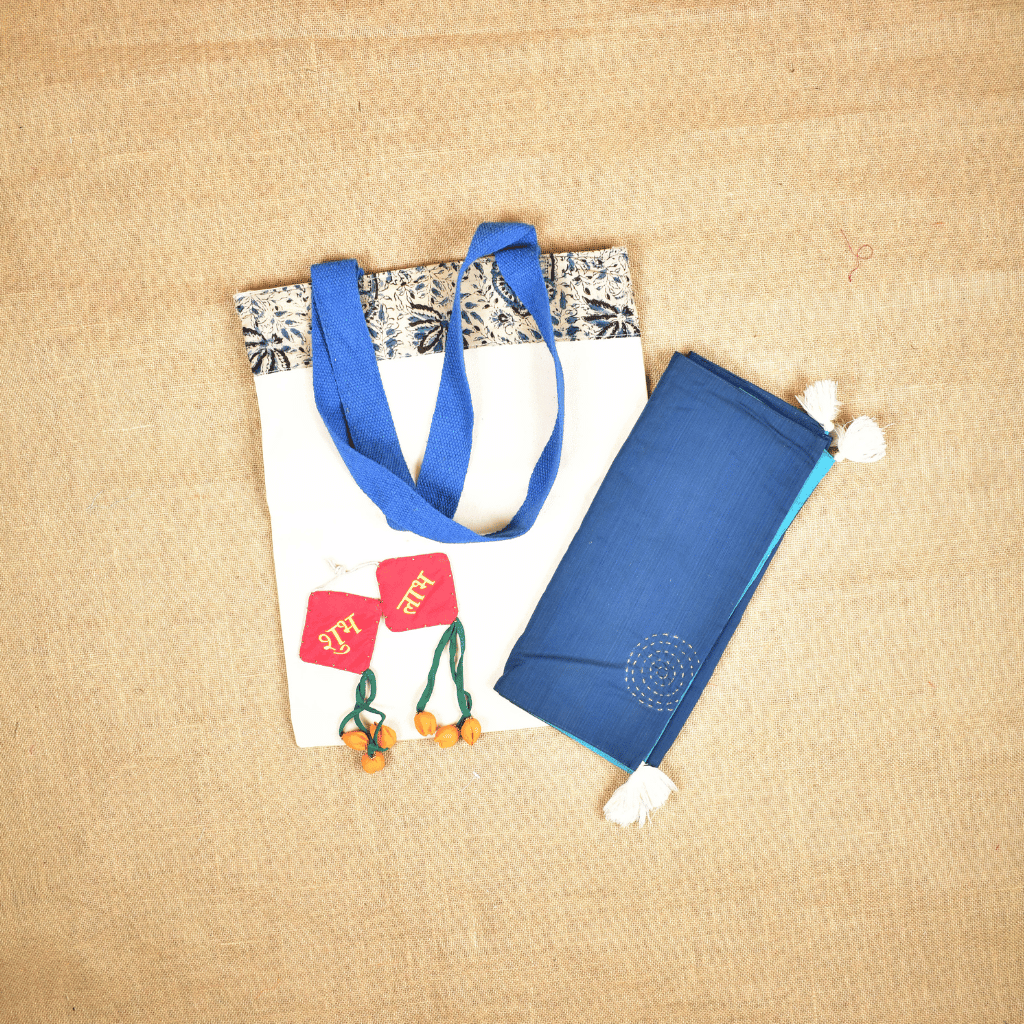 Classic festive gift set - table runner, canvas bag and "Shubh Laabh" combo
