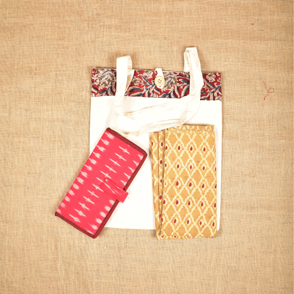 Traditional tambulam gift set - blouse piece, wallet and cloth bag combo 