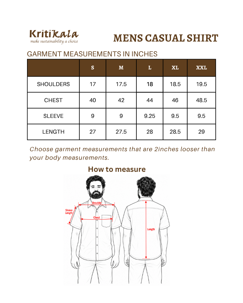 Green Casual Men's Shirt In Ikat cotton size chart