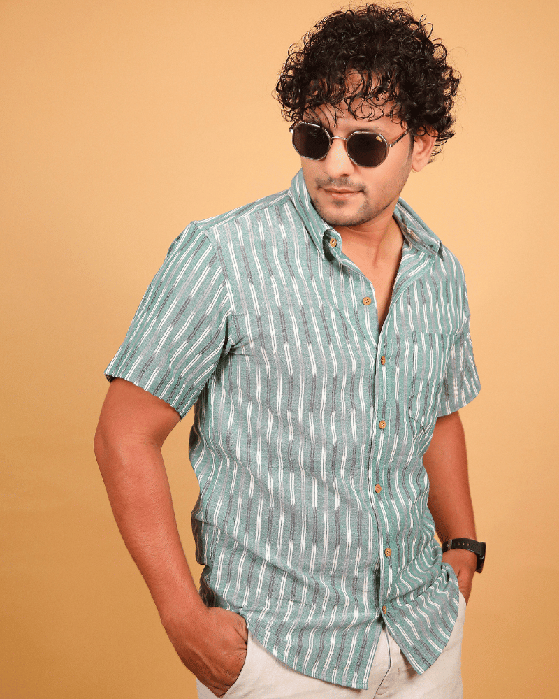 Green Casual Men's Shirt In Ikat cotton