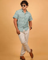 Green Casual Men's Shirt In Ikat cotton