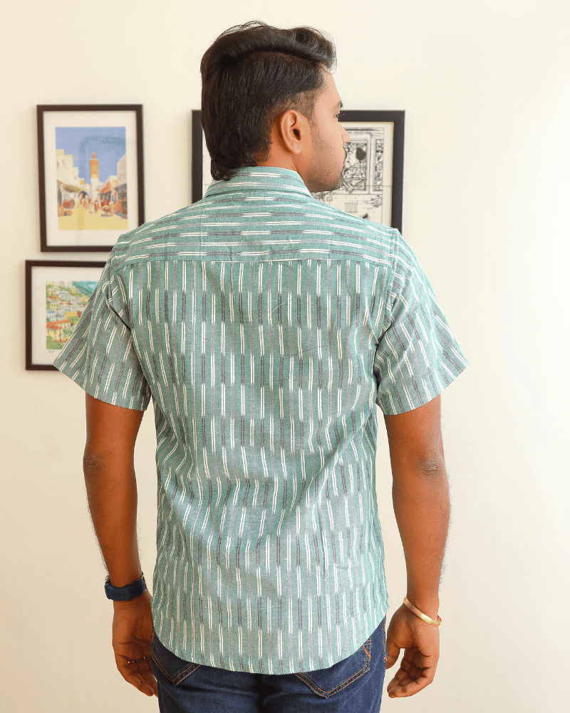 Green Casual Men's Shirt In Ikat cotton