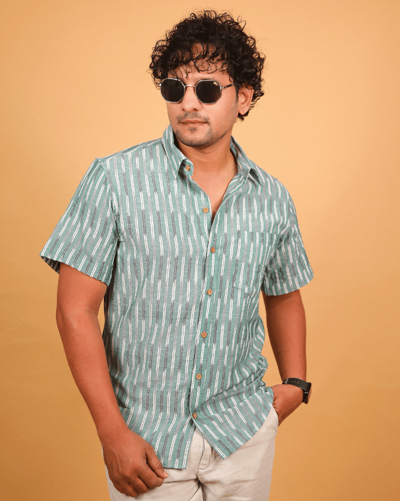 Green Casual Men's Shirt In Ikat cotton