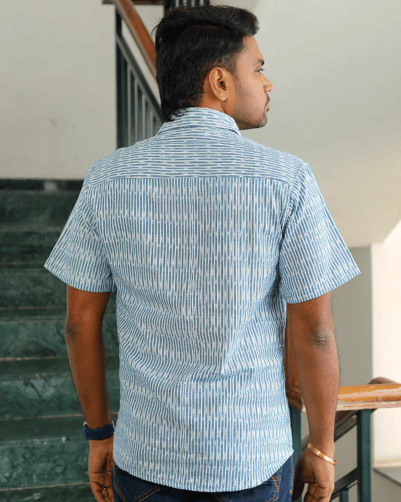 Blue Casual Men's Shirt In Ikat cotton