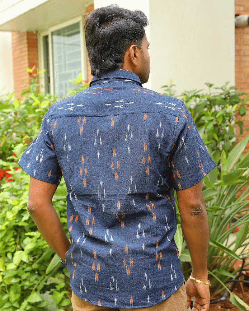 Navy Blue Casual Men's Shirt In Ikat cotton