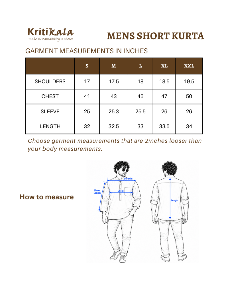 Men Blue Ikat Cotton Short Kurta With Full Sleeves size chart