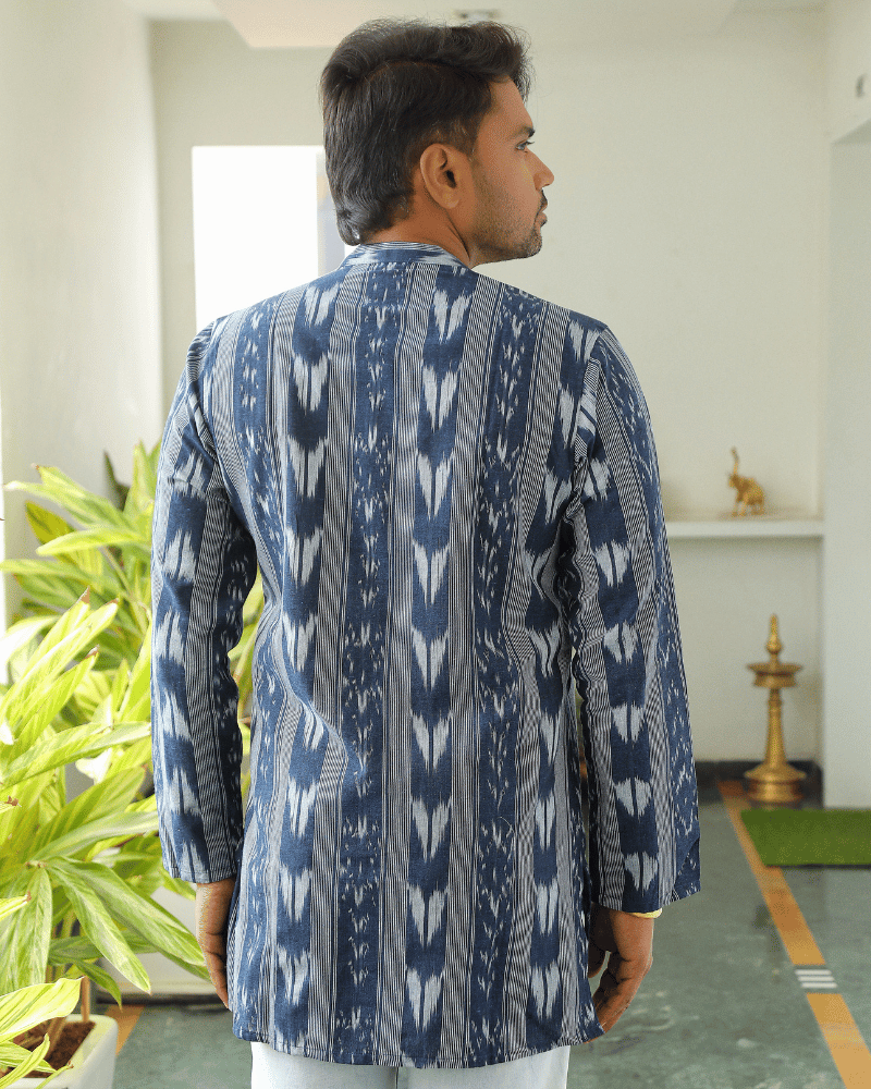 Blue Ikat Cotton Short Kurta With Full Sleeves