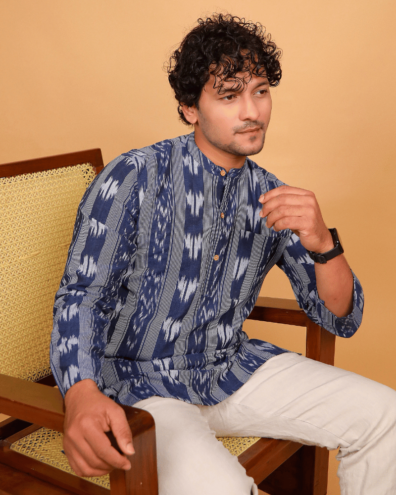 Men Blue Ikat Cotton Short Kurta With Full Sleeves