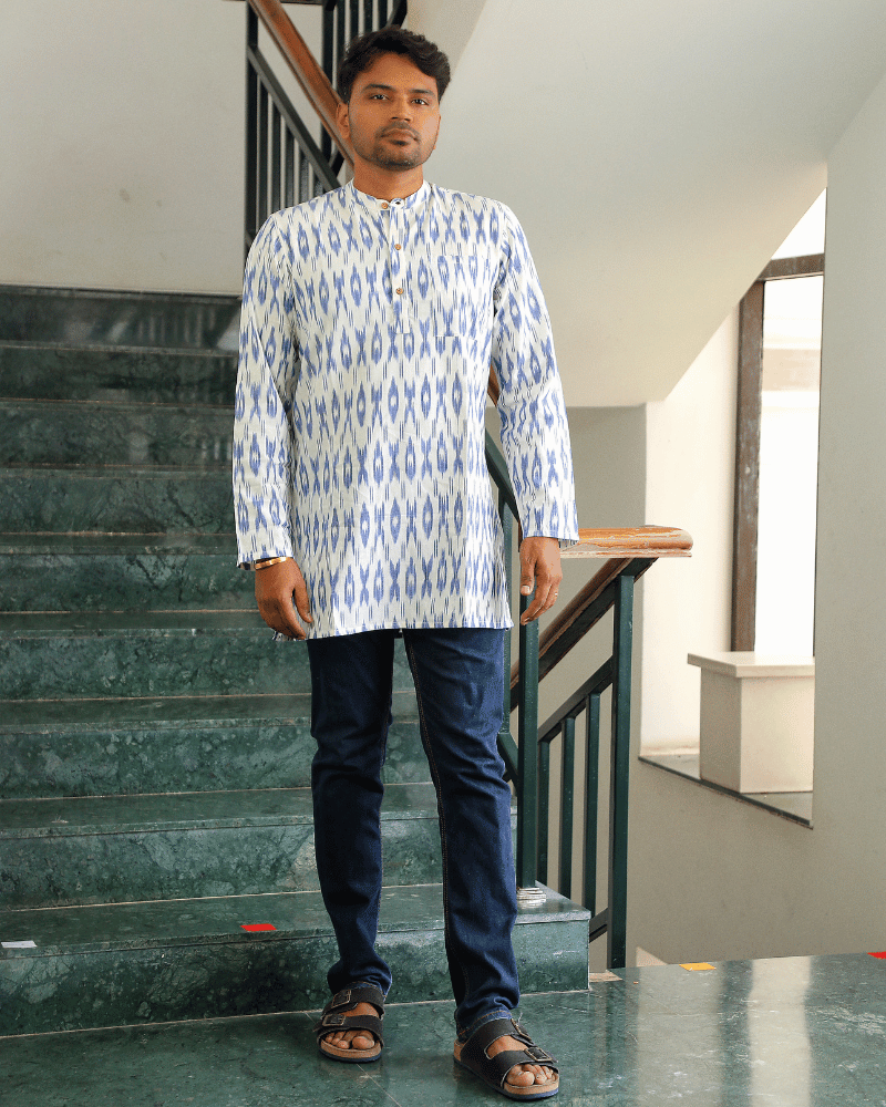 White Ikat Cotton Short Kurta With Full Sleeves