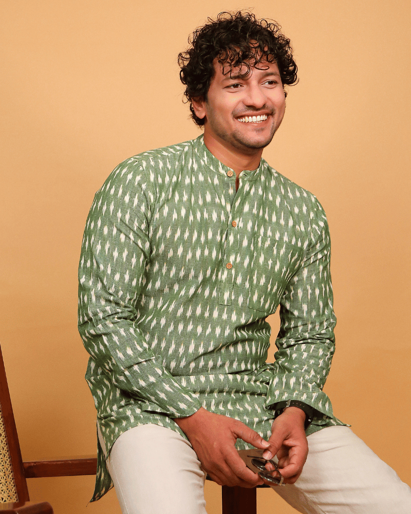 Green Ikat Cotton Short Kurta With Full Sleeves