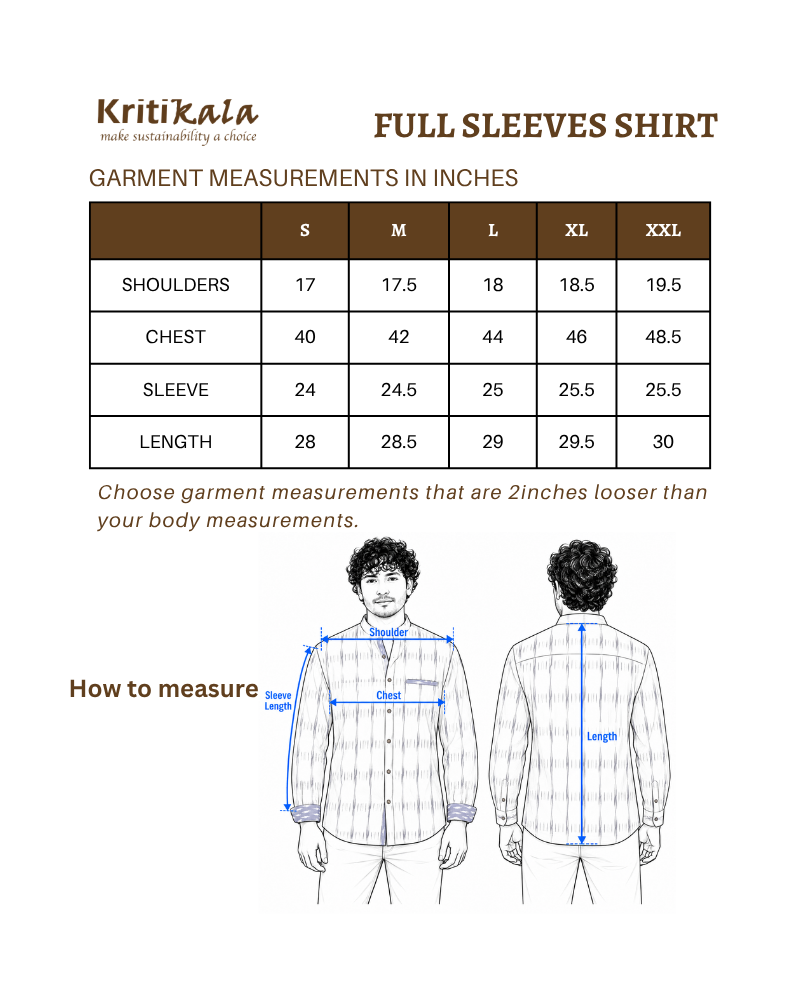 Navy Blue ikat mandarin collar full sleeves shirt for men size chart