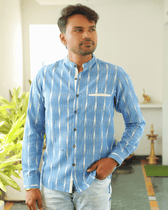 Blue ikat mandarin collar full sleeves shirt for men
