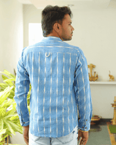 Blue ikat mandarin collar full sleeves shirt for men