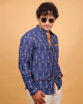 Navy Blue ikat mandarin collar full sleeves shirt for men