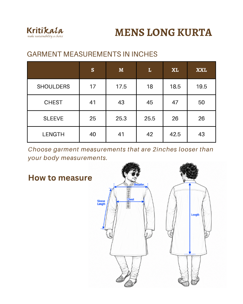 Navy Blue Cotton Kurta With Full Sleeves size chart