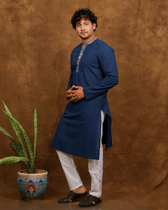 Navy Blue Cotton Kurta With Full Sleeves