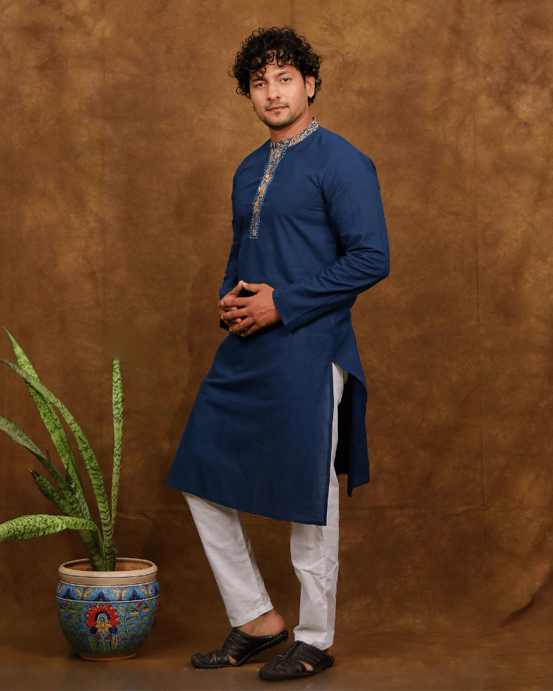 Navy Blue Cotton Kurta With Full Sleeves