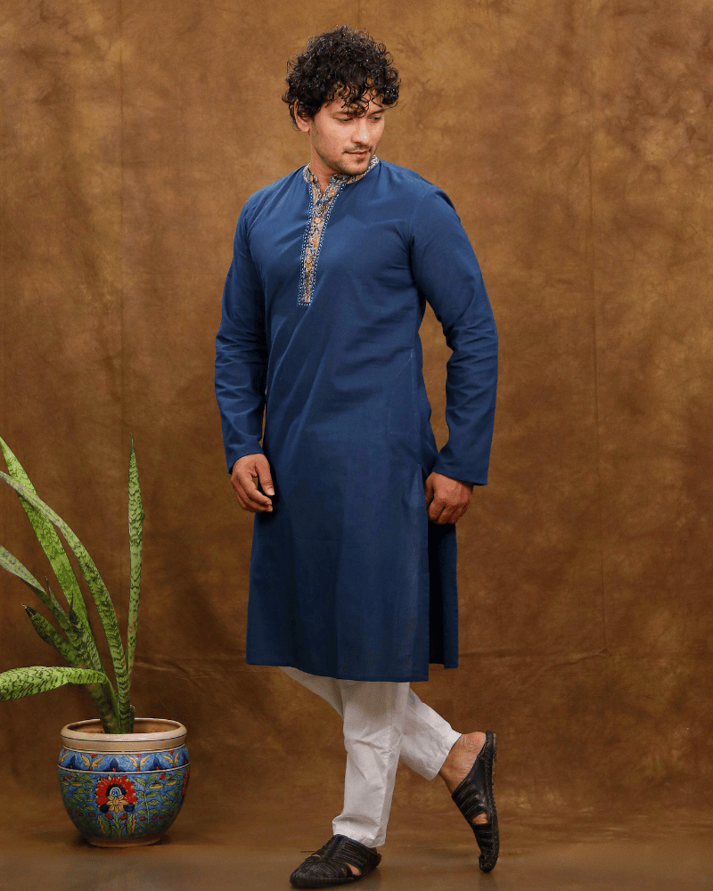 Navy Blue Cotton Kurta With Full Sleeves