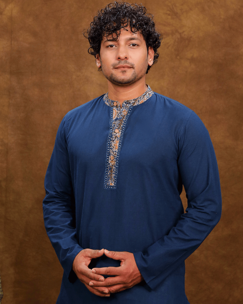 Navy Blue Cotton Kurta With Full Sleeves