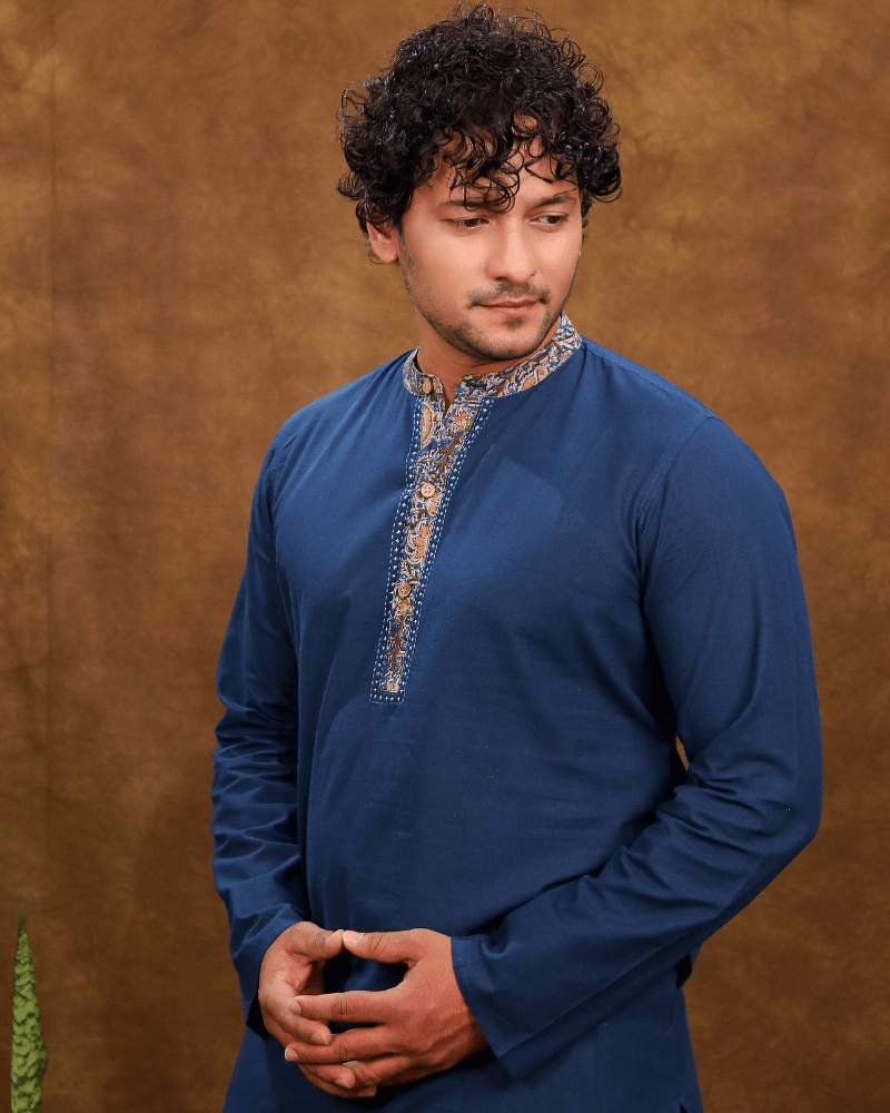 Navy Blue Cotton Kurta With Full Sleeves