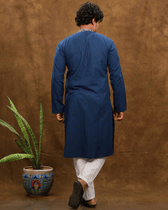 Navy Blue Cotton Kurta With Full Sleeves