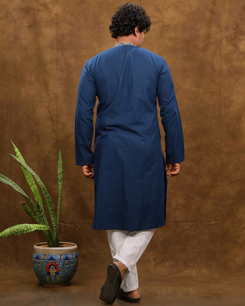 Navy Blue Cotton Kurta With Full Sleeves