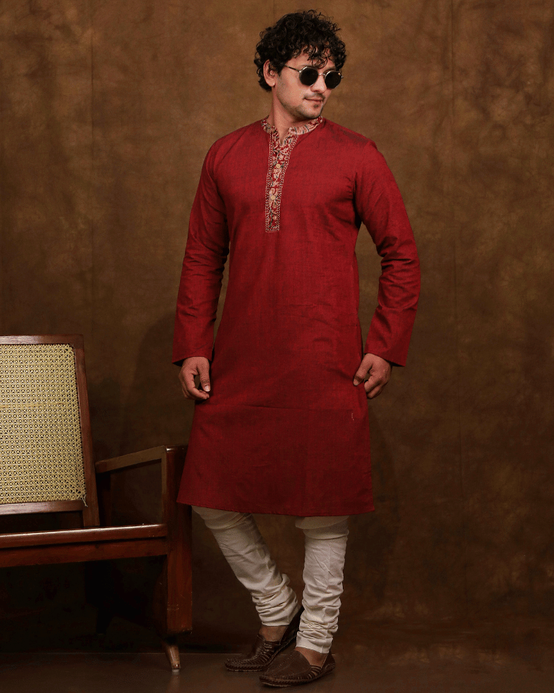 Maroon Cotton Kurta With Full Sleeves