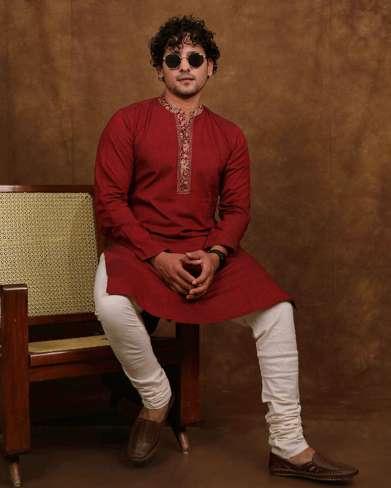 Maroon Cotton Kurta With Full Sleeves