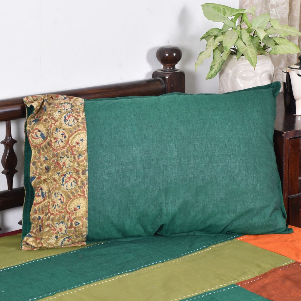 Green Mangalgiri Pillow Cover Pair With Kalamkari Design