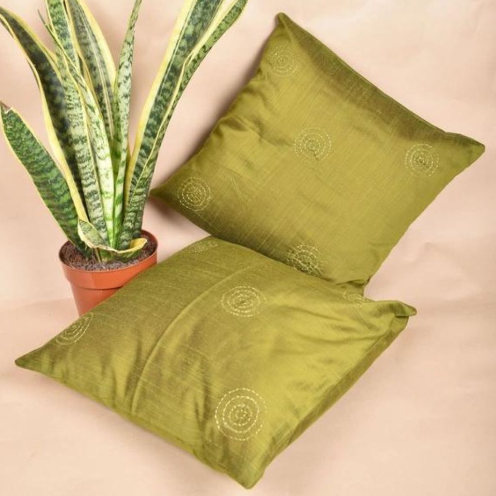 Green Silk Cushion Cover With Round Embroidery