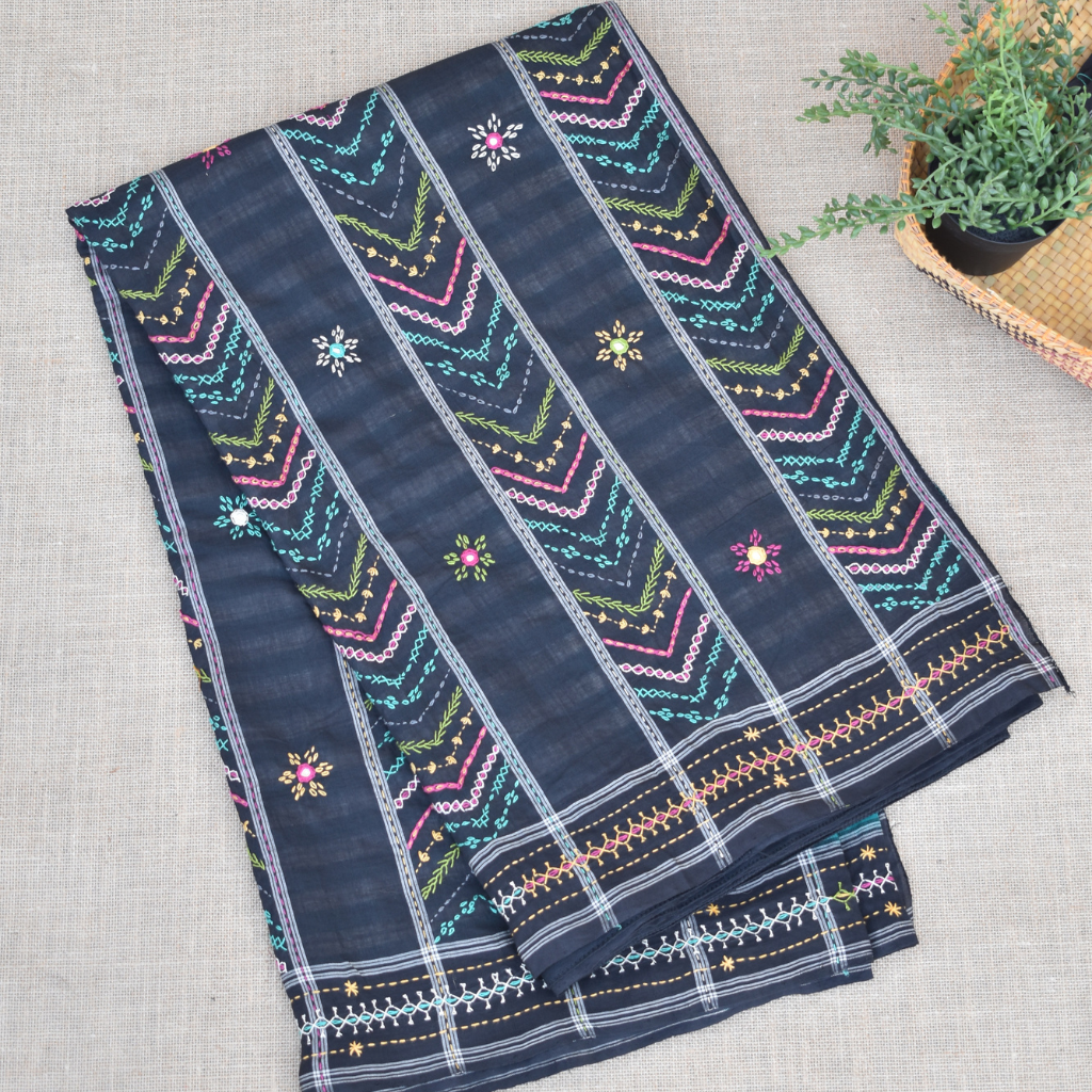 Green and black handloom double ikat saree with hand embroidery