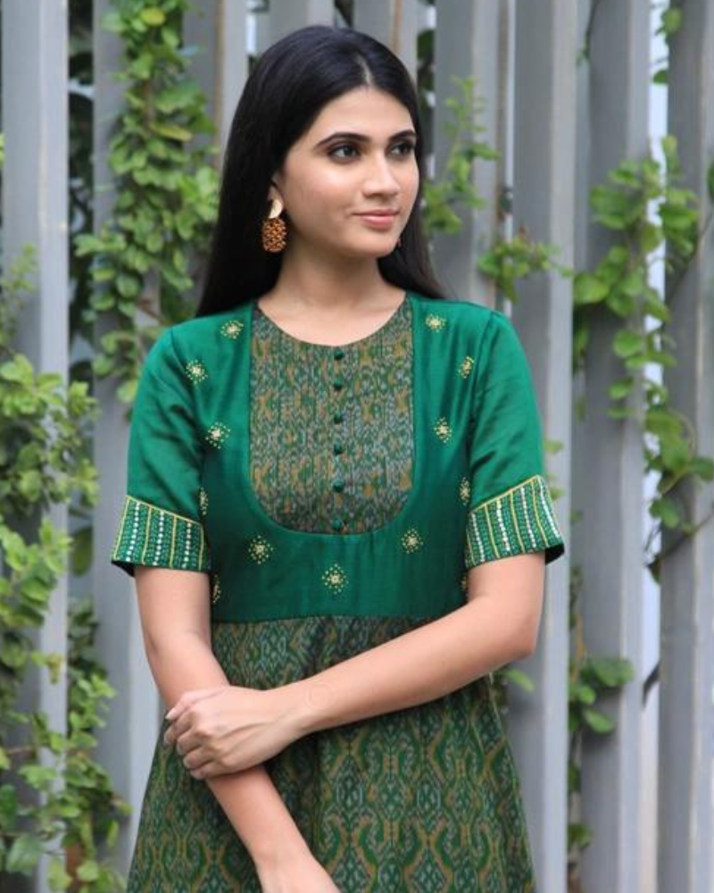 Green chanderi and SICO ikat gown with hand embroidery