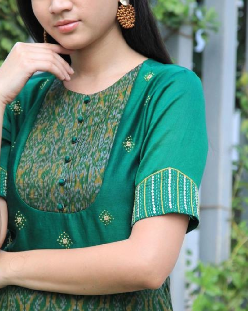 Green chanderi and SICO ikat gown with hand embroidery