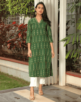 Green ikat overlapped V Collar kurta - Embroidery